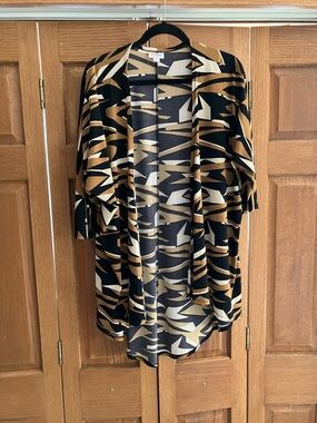 NWT LuLaRoe Open Front Jacket "LINDSAY" Abstract Beige Goldenrod & Black Medium